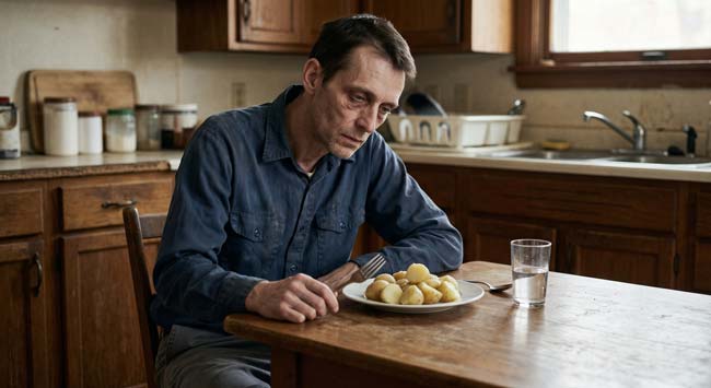 A thin pale man sitting alone at a table with only potatoes on his plate looking exhausted and gaunt illustrating the long-term health consequences of surviving on potatoes alone without essential vitamins and nutrients