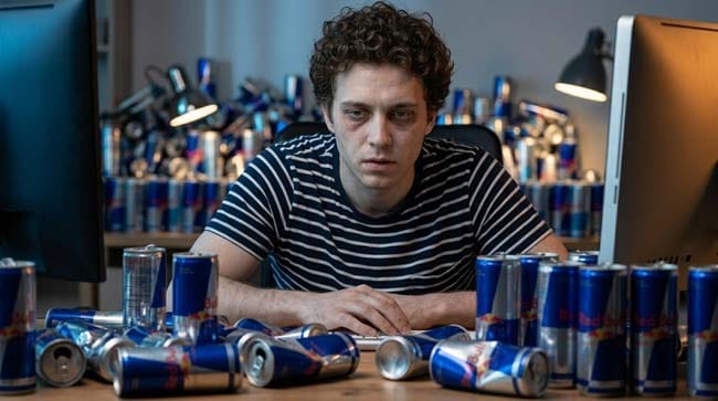A person looking exhausted and dehydrated surrounded by empty Red Bull cans illustrating what happens to the body when energy drinks replace water causing caffeine toxicity and progressive organ stress