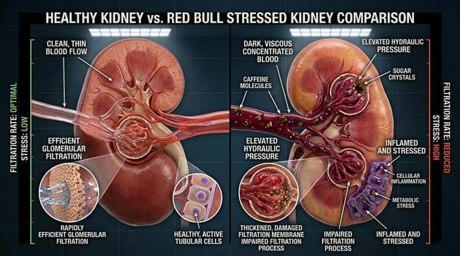 3D comparison of healthy kidney filtration versus kidney stressed by exclusive Red Bull consumption showing concentrated blood caffeine toxicity and glomerular hyperfiltration damage