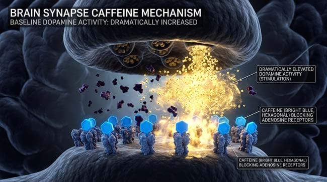 3D molecular visualization of caffeine blocking adenosine receptors in brain synapses causing dopamine flood and the false energy surge that masks progressive dehydration from exclusive Red Bull consumption