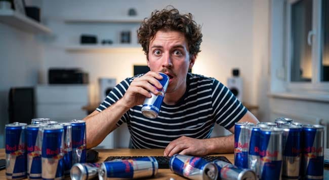A young man drinking Red Bull with wide overstimulated eyes surrounded by empty cans and no water illustrating what happens to the body when Red Bull replaces water causing dehydration caffeine toxicity and progressive organ stress