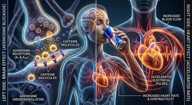 A person drinking Red Bull with transparent body visualization showing caffeine blocking adenosine receptors in the brain and accelerating heart rate illustrating Red Bull effects on heart and brain