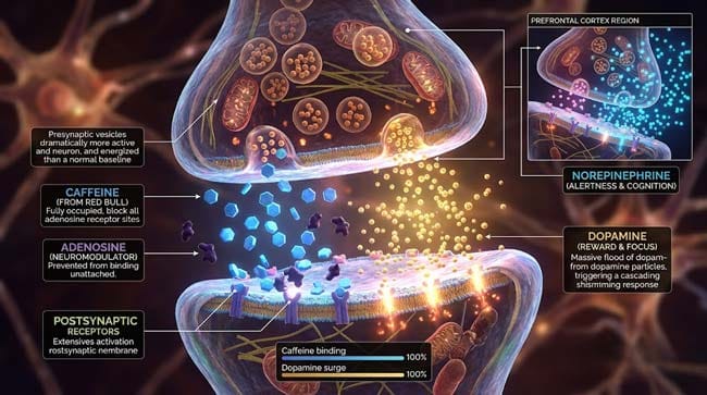 3D molecular visualization of Red Bull caffeine blocking adenosine receptors while triggering dopamine and norepinephrine flood in brain synapses explaining the alertness focus and mild euphoria of energy drink consumption