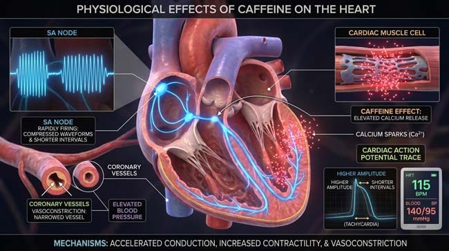 3D visualization of Red Bull caffeine effects on cardiac electrophysiology showing accelerated SA node firing elevated calcium release from cardiac muscle cells and blood vessel vasoconstriction causing increased heart rate and blood pressure