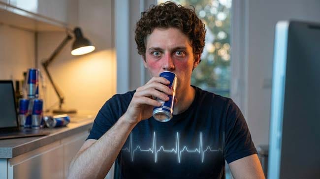 A young man holding a Red Bull can with wide alert eyes and visible heart pulse lines illustrating Red Bull effects on heart and brain including caffeine adenosine receptor blockade heart rate acceleration and blood pressure elevation