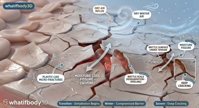 Close-up 3D simulation of skin surface micro-fractures from moisture loss in winter