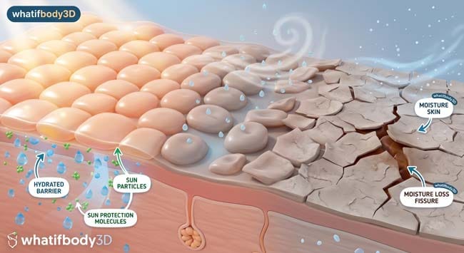3D animation of skin cells shrinking and losing hydration in cold dry air