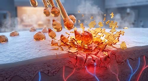 3D impact simulation showing how hot water blasts away the natural oil shield of winter skin, leading to exposed nerve endings and skin barrier failure