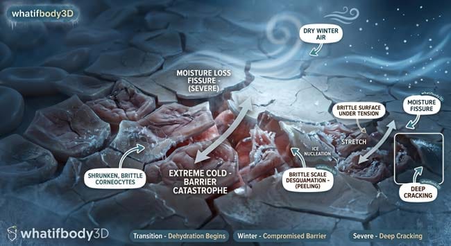 Dramatic 3D animation showing skin cells shrinking and losing flexibility in extreme cold environment by whatifbody3D