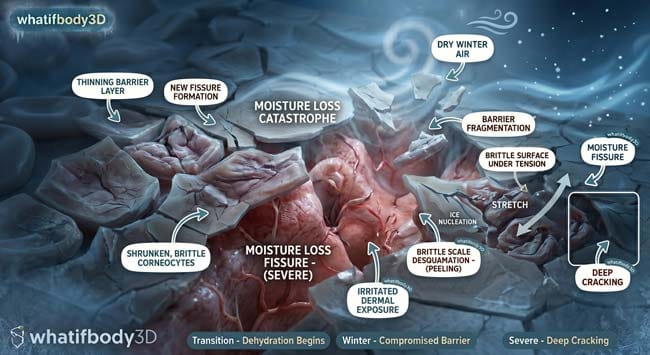 Dramatic 3D animation showing skin barrier becoming thinner and cracked