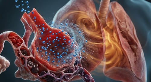 3D medical simulation of rapid hypoxia in space showing oxygen being sucked out of the lungs and blood vessels in a vacuum