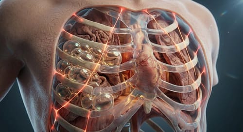 3D anatomical simulation of lung decompression in a vacuum showing severe structural strain and mesh failure on the human chest cavity