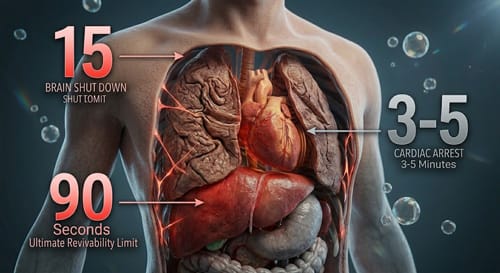 A 3D medical infographic visualization showing the biological limits of space survivability and the 90-second window for survival vs. fatality.