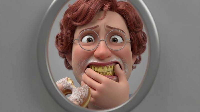 3D medical simulation of plaque buildup and gum disease progression from not brushing teeth - What If Body 3D oral health visualization.