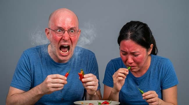 Two people eating chili peppers reacting with intense pain and tears showing the burning mouth sensation caused by capsaicin activating TRPV1 pain receptors