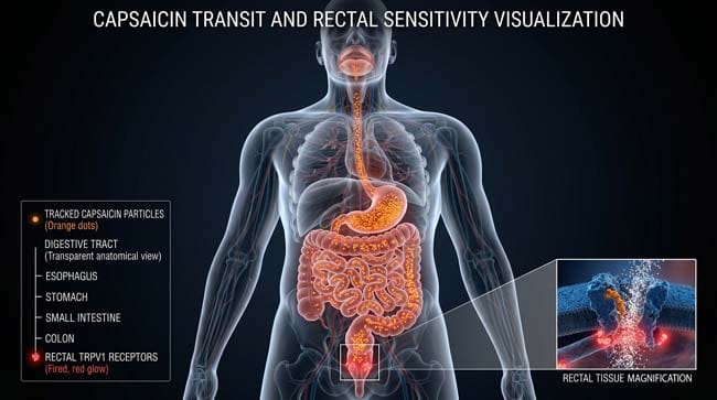 3D medical visualization of capsaicin molecules tracking through the entire human digestive system from mouth to rectum causing the ring of fire burning sensation