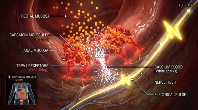 3D visualization of capsaicin activating TRPV1 receptors in the anal canal producing the ring of fire burning sensation after eating spicy food