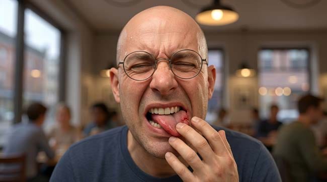 A man wincing in pain after accidentally biting his tongue showing the intense nerve pain caused by the high density of sensory receptors in the tongue