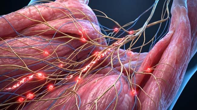 3D simulation of lingual nerve chorda tympani and nociceptors inside tongue tissue showing overlapping nerve systems responsible for intense pain signals