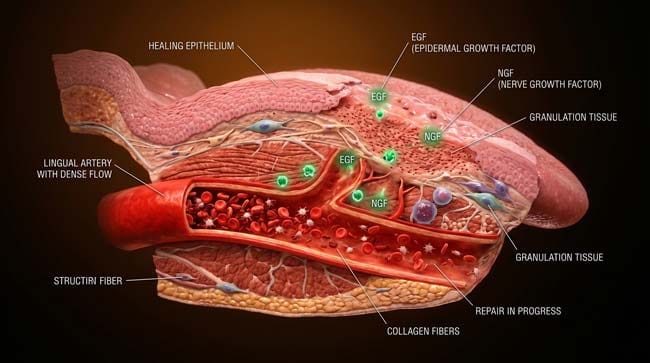 3D visualization of tongue wound healing showing lingual artery blood supply saliva growth factors EGF and NGF repairing mouth tissue faster than skin cuts