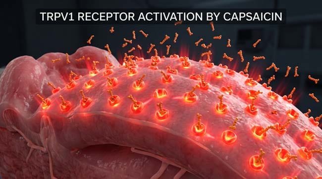 3D medical visualization of capsaicin molecules activating TRPV1 pain receptors across the tongue surface causing the burning sensation from spicy food