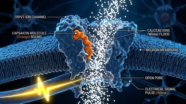 3D molecular simulation of capsaicin binding to TRPV1 receptor causing calcium ion flood and pain signal transmission mimicking real heat detection