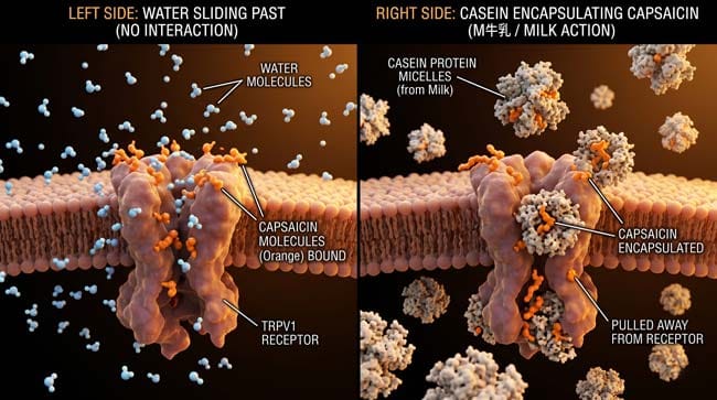 3D visualization comparing water failing to remove capsaicin from TRPV1 receptors versus milk casein proteins binding and removing capsaicin molecules to stop spicy burning