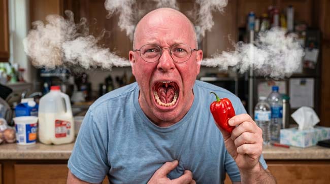 A man holding a red chili pepper with mouth wide open and steam coming from his head illustrating the intense burning sensation caused by capsaicin in spicy food