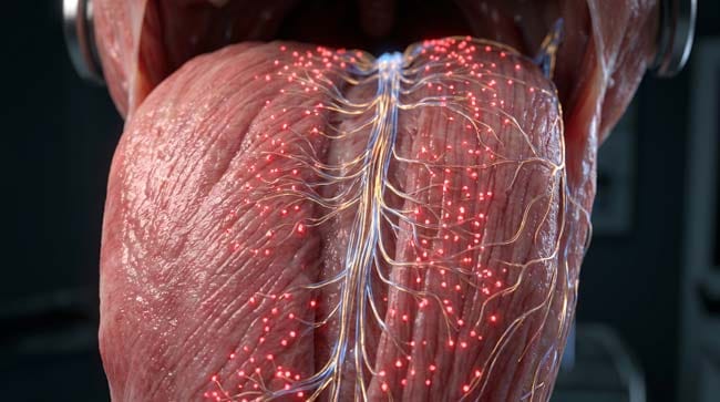 3D medical visualization of human tongue nerve density showing lingual nerve fibers and nociceptor activation during a tongue bite