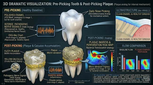 3D animation showing a clean shiny tooth slowly becoming covered with fuzzy plaque and yellow crust in whatifbody3D fun 'What If' visualization
