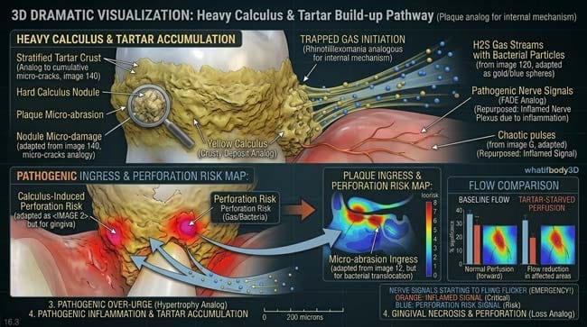 Close-up 3D animation of yellow-brown tartar crust building up on teeth and gums in whatifbody3D entertaining visualization