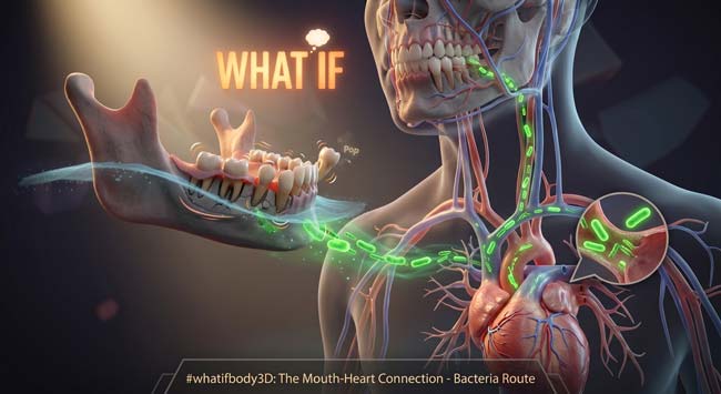 3D animation overview showing blood vessels connecting the mouth and heart with glowing green bacteria in whatifbody3D fun visualization
