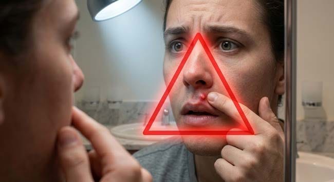 A person about to squeeze a pimple in the triangle of death facial danger zone illustrating why you should never pop a pimple in this area due to the direct valveless vein connection to the cavernous sinus inside the skull