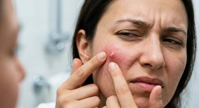 A person squeezing an inflamed pimple on their cheek illustrating what happens when you pop a pimple including follicle wall rupture bacterial spread into the dermis and the inflammatory cascade that causes scarring