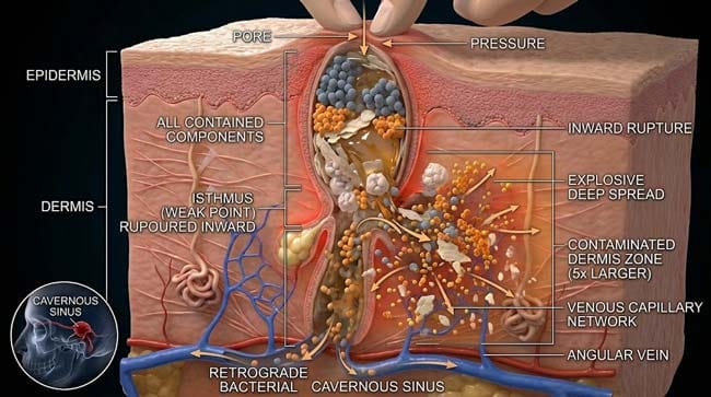 3D visualization of pimple popping showing follicle wall rupturing inward at the isthmus with infected bacteria keratin and sebum exploding into the surrounding dermis creating a contamination zone much larger than the original pimple