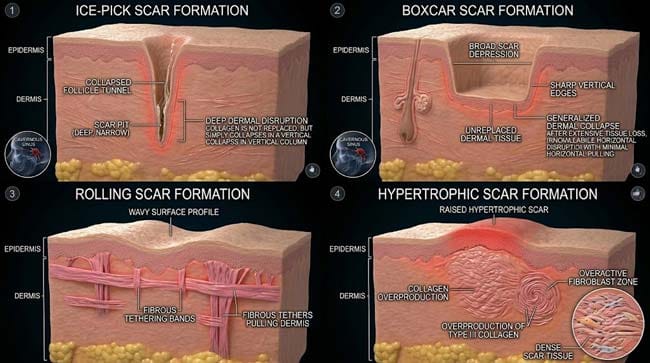3D comparison of four acne scar types caused by pimple popping showing ice-pick boxcar rolling and hypertrophic scars with their underlying collagen disruption mechanisms and dermal damage patterns
