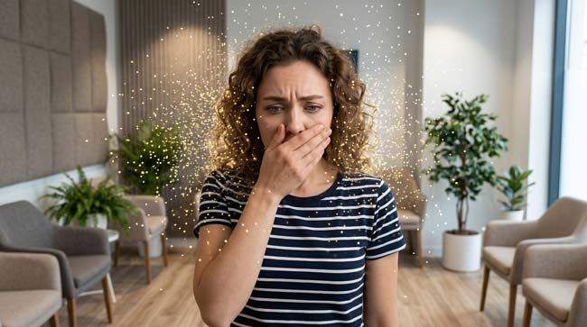 A person in an indoor environment surrounded by visible glowing aerosol particles illustrating how respiratory viruses travel through air and enter the body through breathing