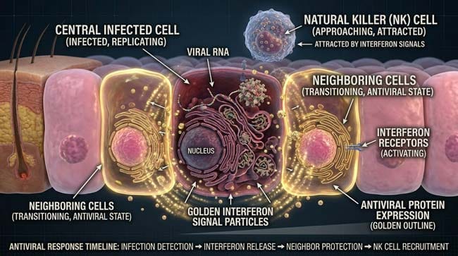 3D visualization of interferon signaling cascade showing infected respiratory cell broadcasting golden alarm signals to surrounding cells triggering antiviral protection and attracting Natural Killer cells