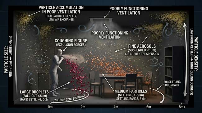 3D visualization of respiratory aerosol particle dispersion showing large droplets falling quickly while fine airborne aerosols carrying viruses remain suspended throughout an indoor room for hours