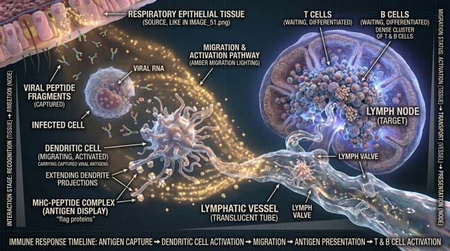 3D visualization of dendritic cell migrating from infected respiratory tissue through lymphatic vessel to lymph node carrying viral peptide fragments on MHC molecules to activate adaptive immune response