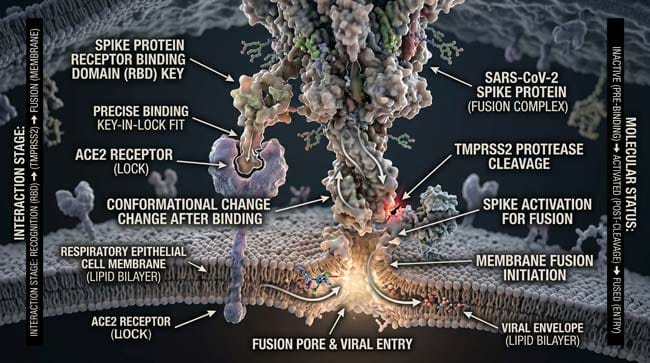 3D molecular visualization of coronavirus spike protein binding to ACE2 receptor showing the precise key-lock mechanism that allows respiratory viruses to enter and infect human airway cells