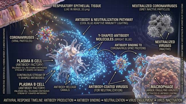 3D visualization of plasma B cell producing antibodies that neutralize airborne virus particles by binding to spike proteins blocking ACE2 receptor attachment and marking viruses for macrophage destruction