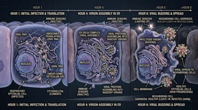 3D timeline visualization of respiratory virus replication inside an infected cell showing translation assembly and release phases during the critical 4-6 hour window before immune system detection