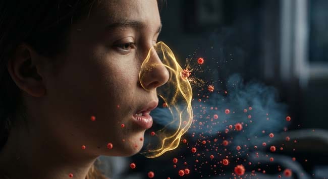 A person breathing with visible airborne virus particles approaching and being deflected by a golden immune defense barrier illustrating how the body's innate and adaptive immune system fights respiratory viruses through interferon response and antibody production