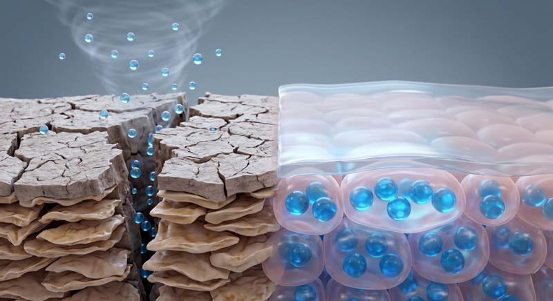 3D medical simulation of winter skin repair 3d truth showing a microscopic view of an occlusive barrier sealing moisture in cracked skin cells and stopping the vacuum effect of dry winter air.