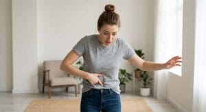 A person pressing their belly button looking dizzy and surprised illustrating why touching the belly button triggers the vasovagal reflex through peritoneal visceral nerve pathways connected to the vagus nerve and cardiovascular system