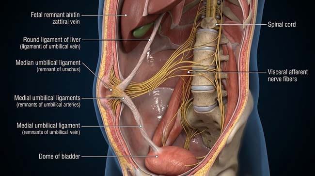 3D cross-section of abdomen showing umbilical fetal remnant structures including median umbilical ligament connecting to bladder round ligament to liver and dense visceral afferent nerve fibers at T9-T10 level explaining belly button dizziness reflex