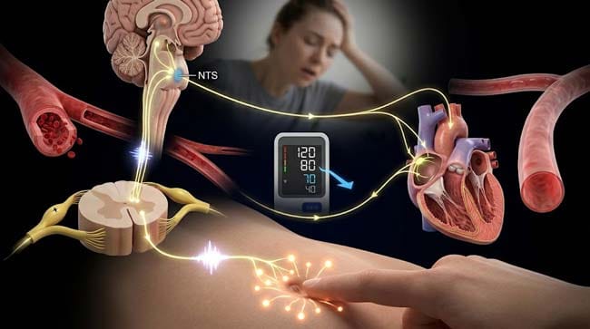 3D complete vasovagal reflex pathway from belly button press through peritoneal mechanoreceptors spinal cord brainstem NTS to vagal SA node slowing blood pressure drop and cerebral perfusion reduction causing dizziness