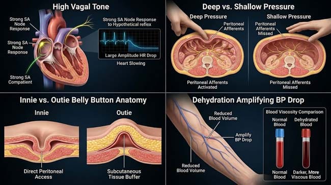 3D four panel comparison of belly button vasovagal reflex intensity factors showing high vagal tone deep pressure innie anatomy and dehydration all amplifying the dizziness response from umbilical stimulation