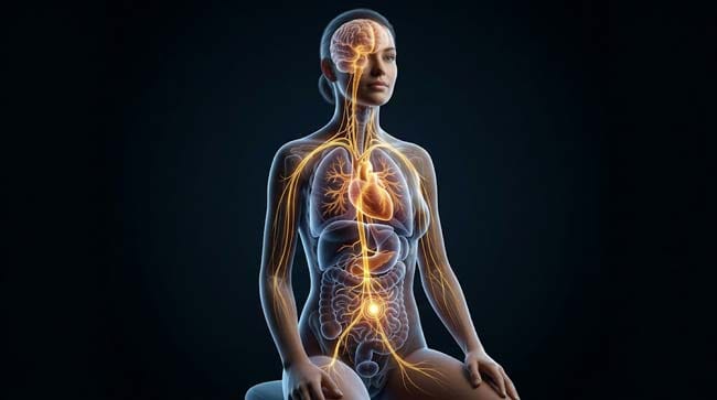 A transparent human torso showing the glowing vagus nerve pathway from brainstem through heart and abdomen to umbilical connection illustrating the belly button vagus nerve reflex and its widespread autonomic effects